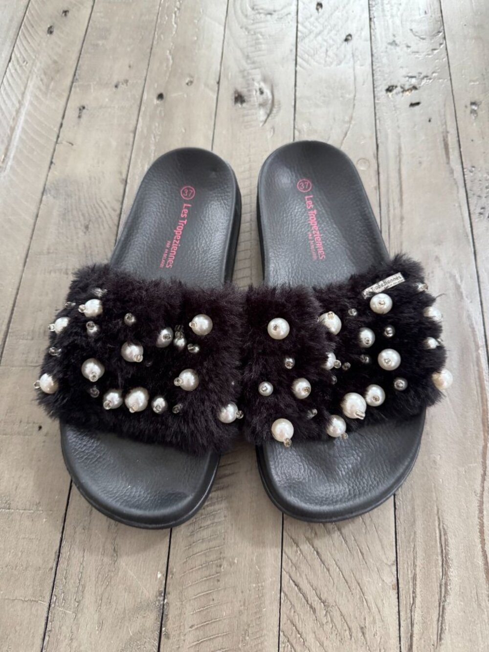 Les Tropeziennes Black Faux Fur Fuzzy Slide Sandals Pearl Embellished 37